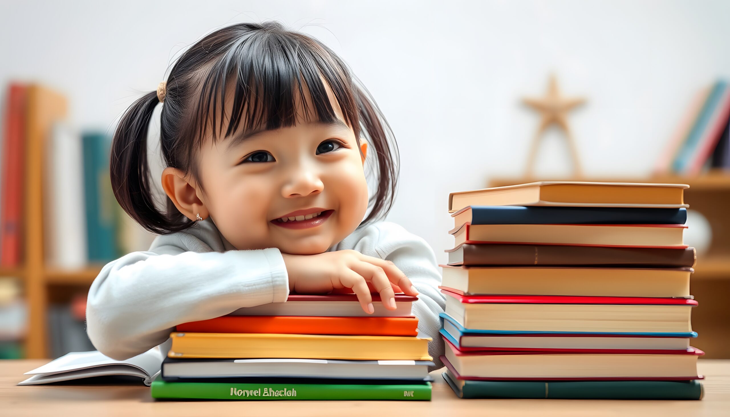 panoramic portrait asian girl toddler smiling put her chin her hands books stack scaled
